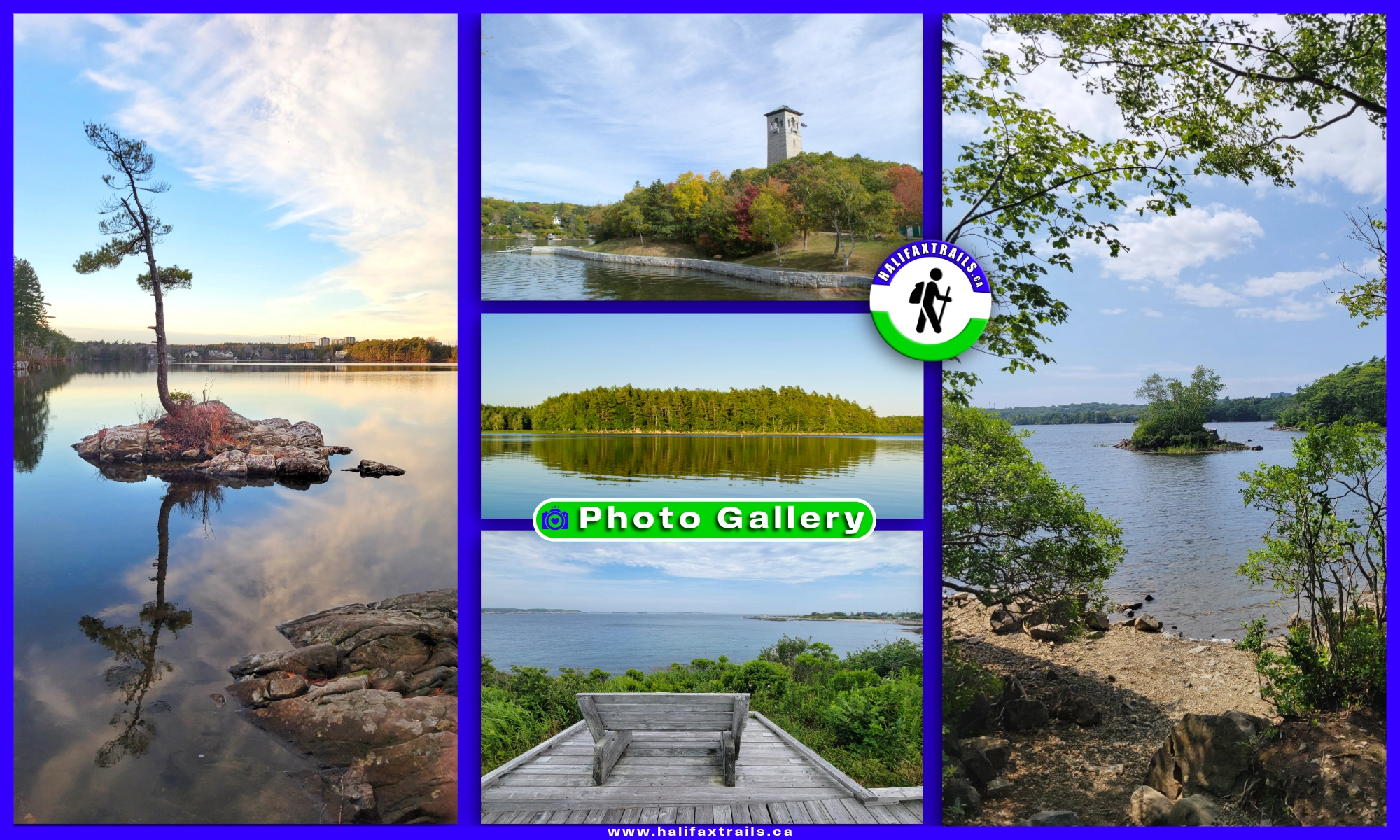 Collage of Nova Scotia trail photos featuring a lone tree in a calm lake, the stone tower at Sir Sandford Fleming Park, a wooden boardwalk, and a rocky shoreline, with a Halifax Trails hiker icon in the center.