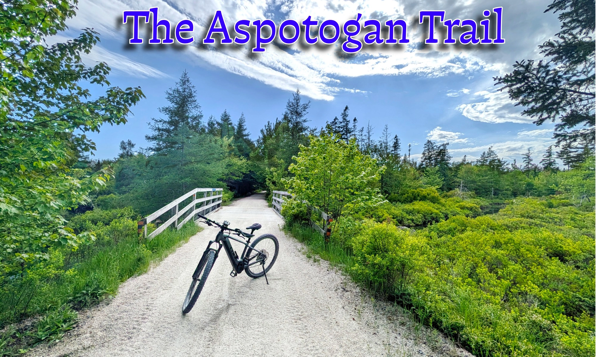 A bicycle parked on a wooden bridge along the Aspotogan Trail in Chester, Nova Scotia, with lush green foliage and blue sky, featuring a title graphic